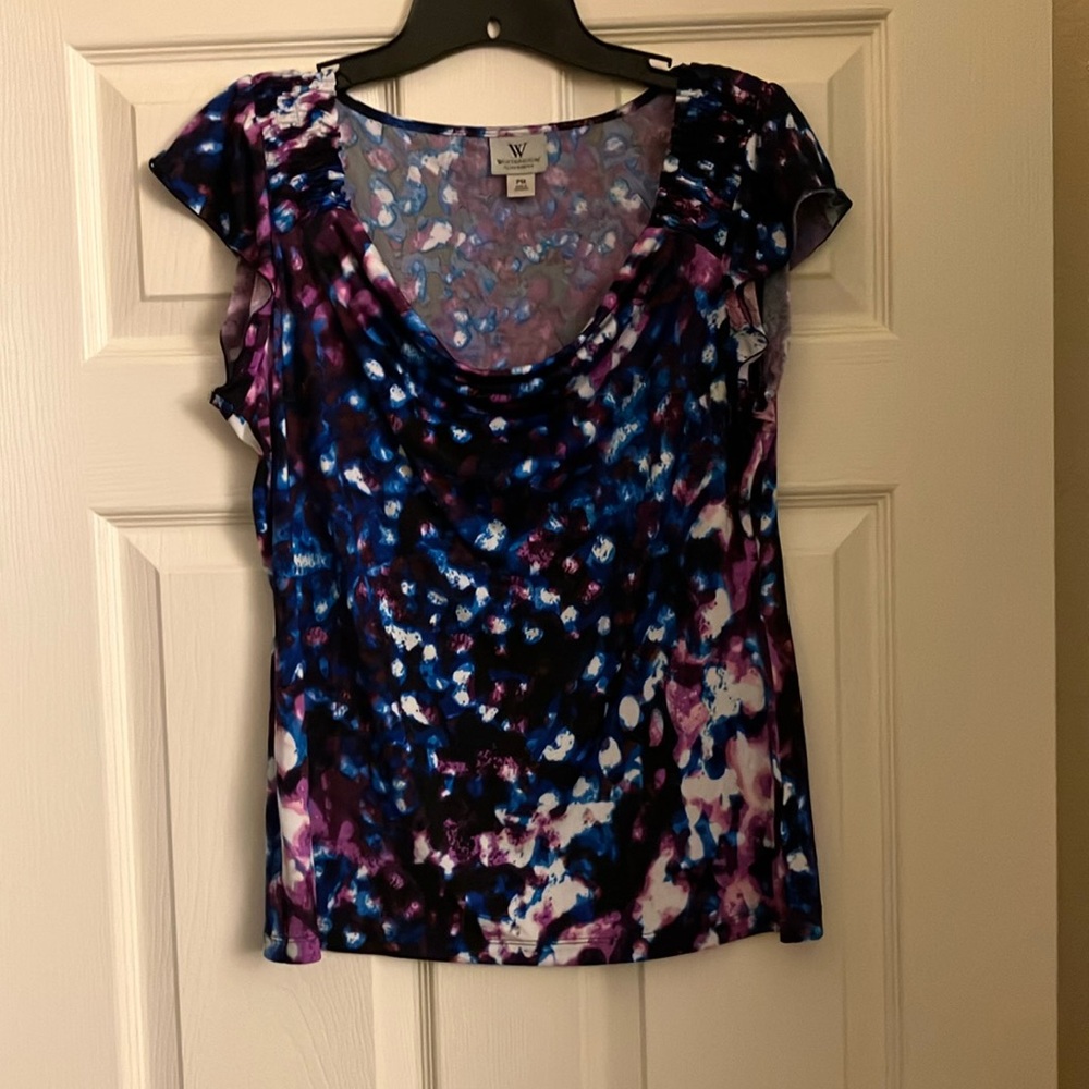 Worthington Stretch Women's Petite Medium Patterned Dress Top Purple Black Blue